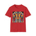 Charcoal cotton t-shirt with a vibrant geometric art deco pattern