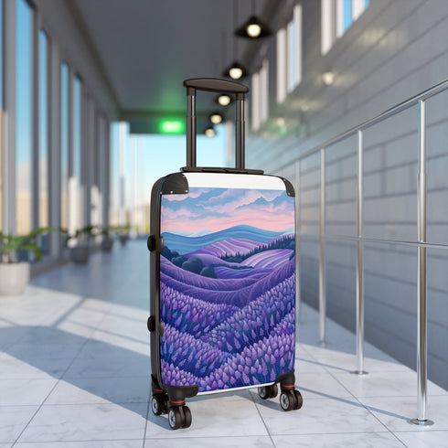 Lavender Fields Small Black Suitcase with Floral Pattern for Travel.