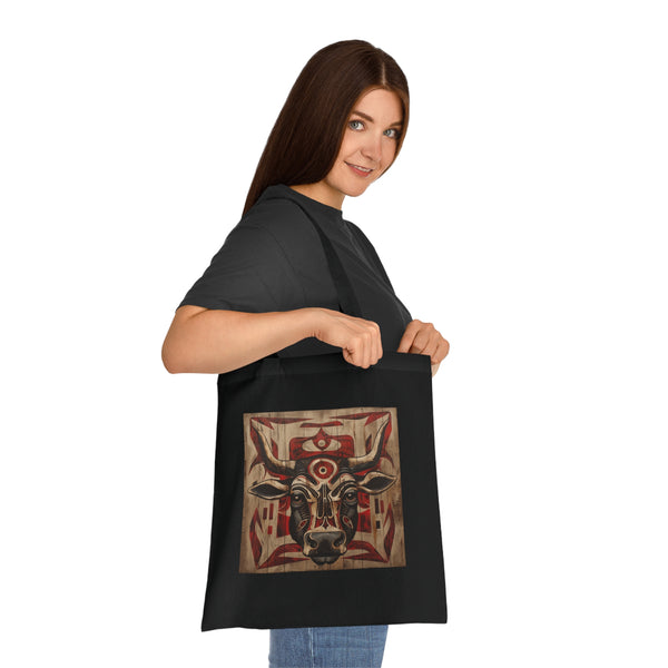 Ancient Wisdom Black Cotton Tote Bag with Tribal Animal Totem Design
