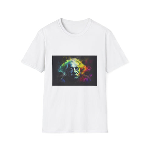 Charcoal crew neck cotton T-shirt with vibrant neon Einstein artwork
