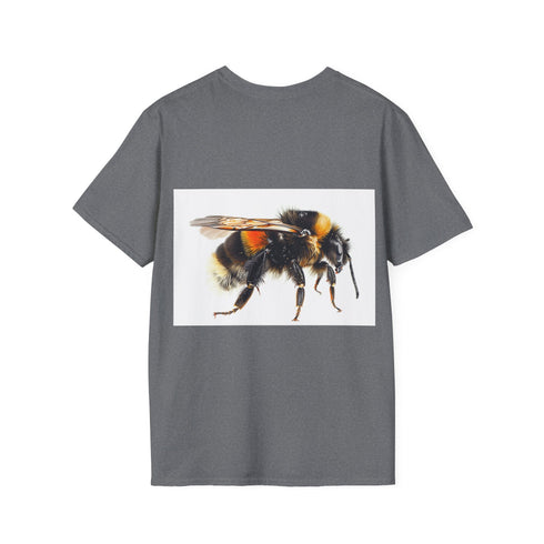 Charcoal cotton crew neck tee with vibrant bumblebee watercolor design