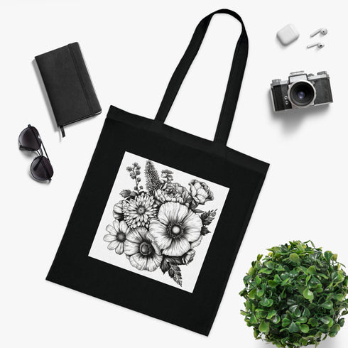 Hand-drawn floral black cotton tote bag with whimsical charm.