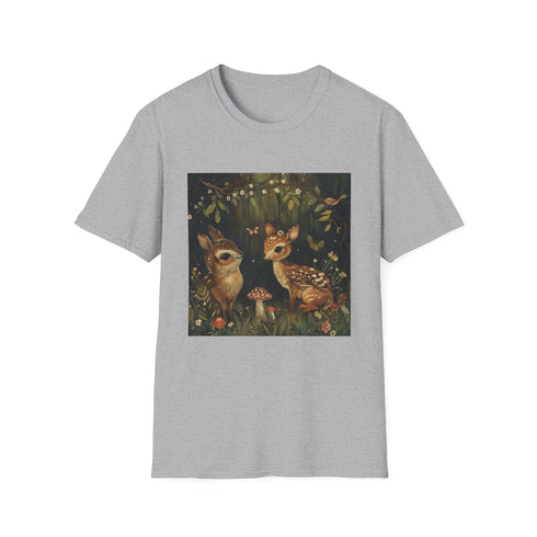 Charcoal crew neck t-shirt with woodland creatures design and regular fit
