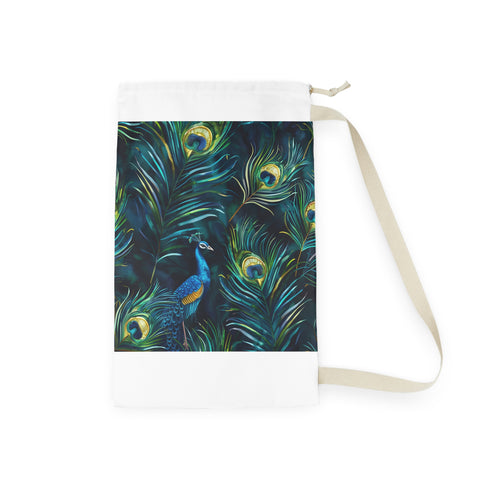 Peacock Feathers Laundry Bag - Vibrant blue pattern adding elegance to laundry routine