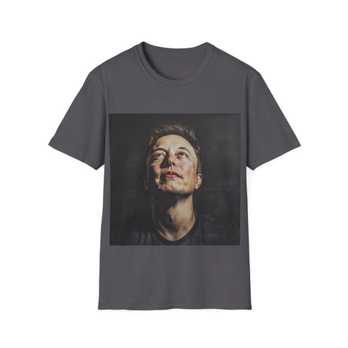 Mens charcoal cotton tee with futuristic Elon Musk design.