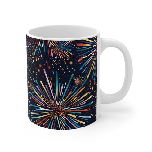 Vibrant festive fireworks ceramic coffee mug with seamless colorful pattern.
