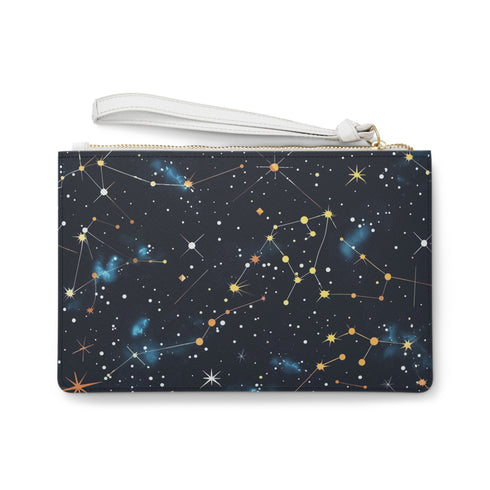 Celestial-themed AOP clutch bag with star pattern, vegan material.