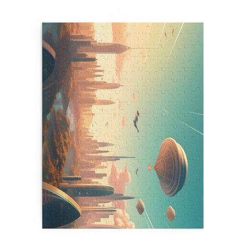 Futuristic flying cityscape puzzle, 10x8 inches with 120 pieces.