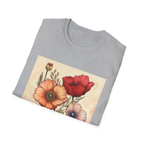 Charcoal floral sketch t-shirt with vibrant botanical design and crew neck
