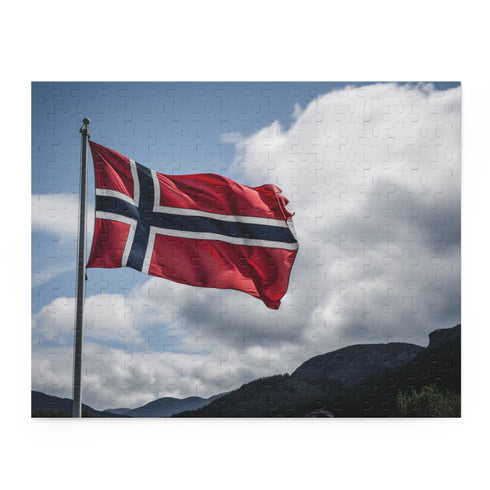 Norway flag jigsaw puzzle with beautiful Nordic landscape backdrop.
