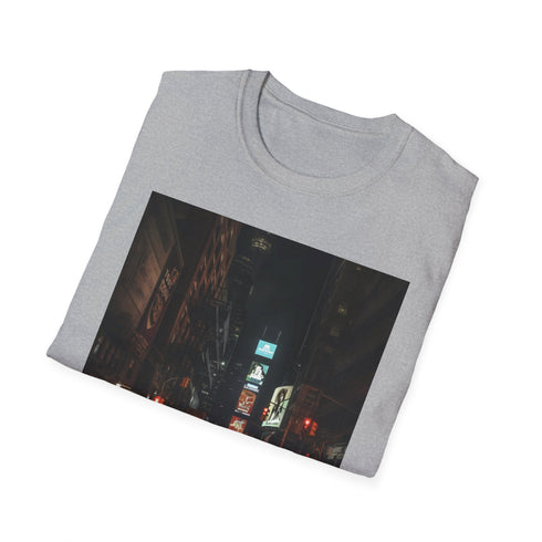 Charcoal cotton crew neck T-shirt featuring a vibrant nighttime cityscape design