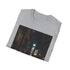 Charcoal cotton crew neck T-shirt featuring a vibrant nighttime cityscape design