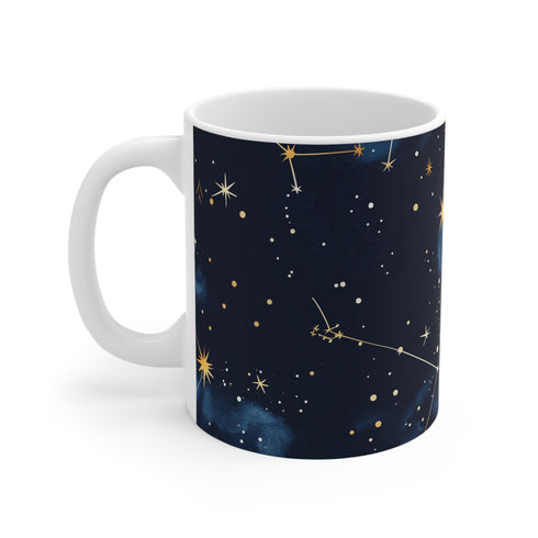 Starry Night Sky Ceramic Coffee Mug featuring Constellation Stars Pattern.