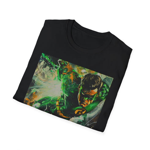 Charcoal cotton T-shirt featuring vibrant Green Lantern painting for summer fashion