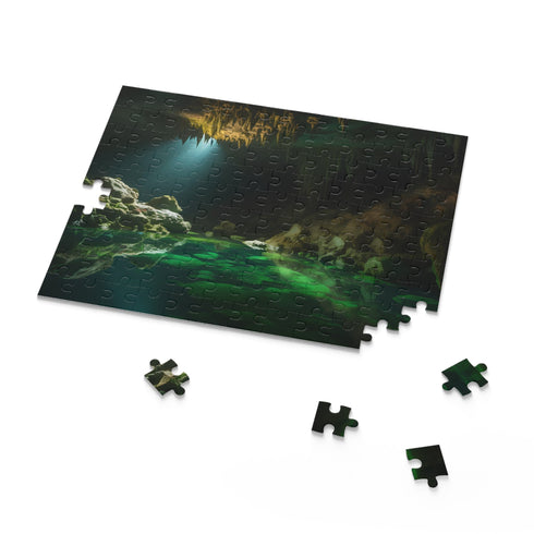 Glowing cave jigsaw puzzle with ethereal light, 120 pieces, 10"x8" dimensions.