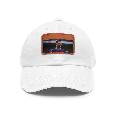 White cotton cap with Lionel Messi logo embroidery, rectangle patch.