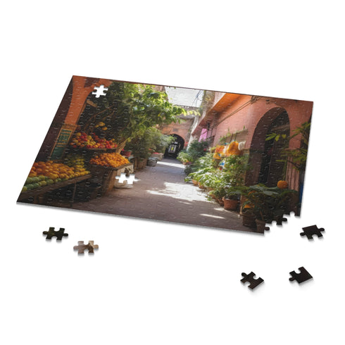 Colorful Marrakech market puzzle featuring intricate architecture and lush Moroccan gardens.
