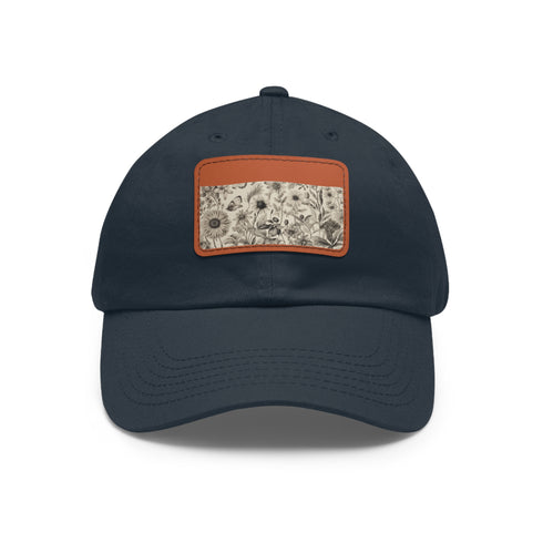 Botanical pattern white baseball cap with light brown patch.
