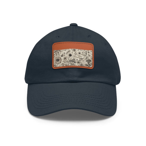 Botanical baseball cap with intricate plant pattern, white/light brown patch.