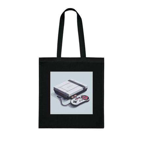 Retro gaming console tote bag in black cotton with pixel art.