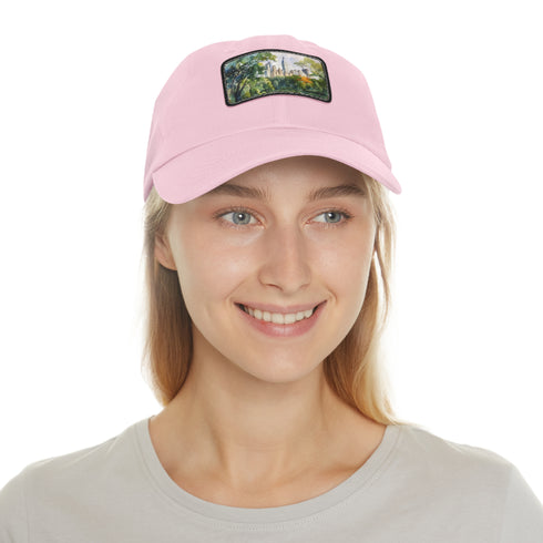 Central Park watercolor skyline baseball cap in white with light brown patch.