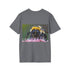 Vibrant bumblebee watercolor tee in charcoal cotton, crew neck style.