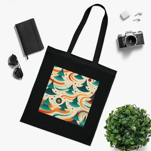 Retro black cotton tote bag with groovy waves design.