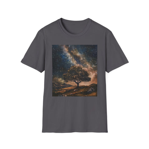 Charcoal cotton t-shirt featuring vibrant Milky Way night sky artwork
