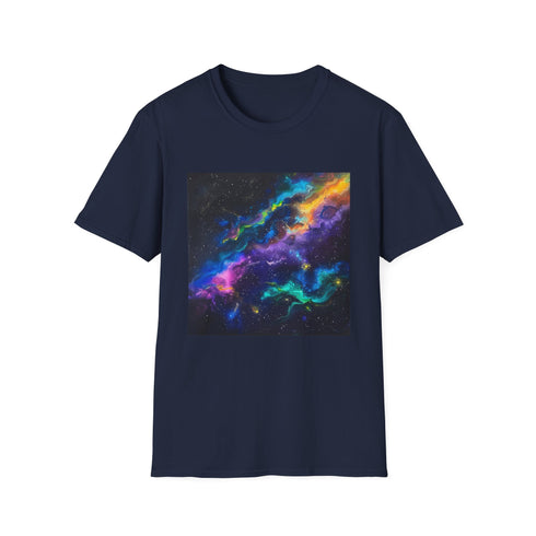 Neon space galaxy t-shirt in charcoal vibrant cosmic pattern crew neck cotton
