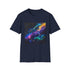 Neon space galaxy t-shirt in charcoal vibrant cosmic pattern crew neck cotton