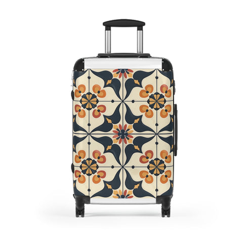 Handcrafted black artisan tiles suitcase with seamless elegance pattern.