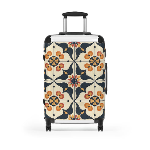 Handcrafted black artisan tiles suitcase with seamless elegance pattern.