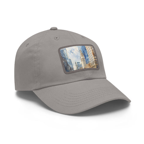 Chicago skyline splatter cap in white with light brown patch.
