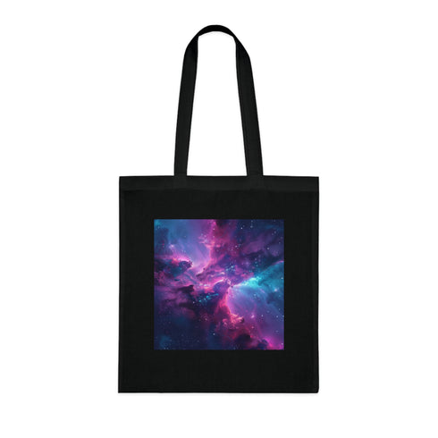 Cosmic black cotton tote bag with swirling nebulae & stars design.