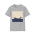 Charcoal crew neck cotton t-shirt featuring minimalist whale journey graphic