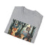 Charcoal cotton t-shirt featuring woodland creatures print in vibrant forest setting