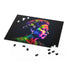 Neon Queen Elizabeth II jigsaw puzzle with vibrant watercolor portrait.