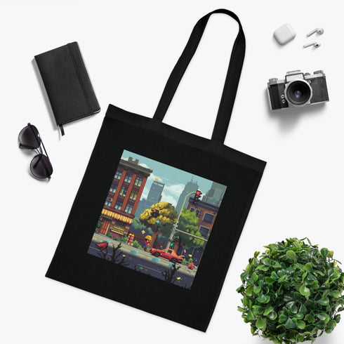 80s-inspired pixel design black tote bag for gamers and retro lovers.