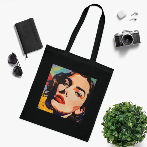 Colorful pop art tote bag featuring vibrant portrait design.