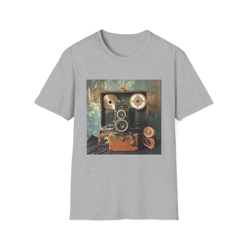 Charcoal vintage camera t-shirt featuring scattered film reels soft cotton crew neck