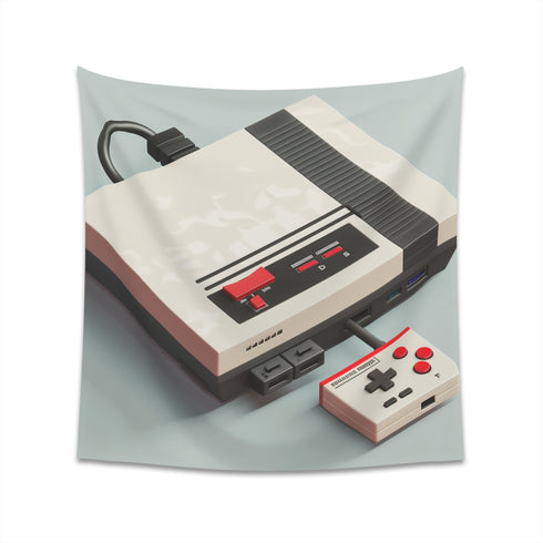 Pixel Playtime: A Retro Gaming Tapestry - Nostalgic design with classic gaming console and pixel art. Perfect gift for gamers and nostalgia enthusiasts. Available in 34 x 40 and 57 x 57 sizes.