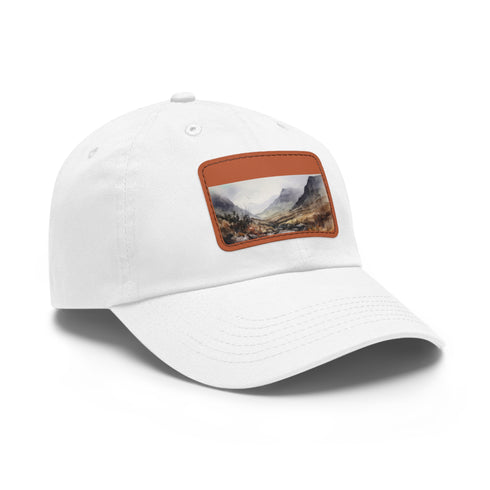 Highland Adventure baseball cap in white with light brown patch.