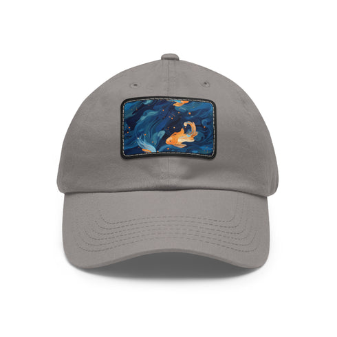 Gleaming goldfish adventure baseball cap in white with light brown patch.