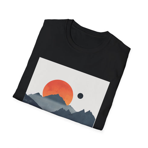 Minimalist charcoal T-shirt featuring sunrise mountain graphic with soft breathable cotton