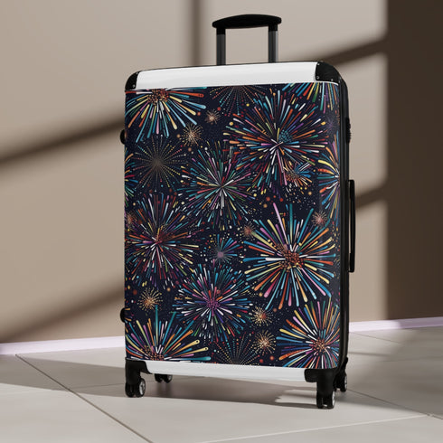Colorful Firework Fiesta pattern on small black suitcase for travel accessories.