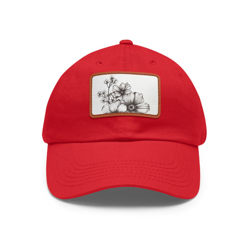 HandDrawn floral print white baseball cap with light brown patch.