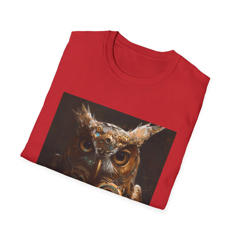 Charcoal steampunk owl t-shirt with intricate gear wings and captivating design