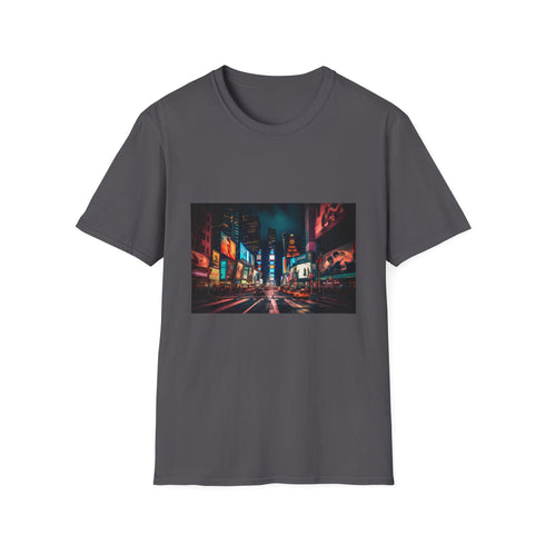 Charcoal graphic cotton t-shirt featuring vibrant Times Square night scene design