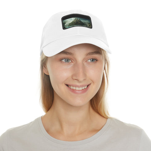 Stylish white cotton baseball hat with light brown patch & rectangle design.