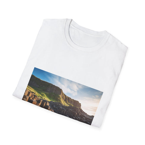 Charcoal crew neck T-shirt featuring basalt column design in cotton fabric